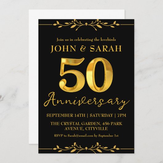 ブラックとゴールドの50周年パーティー招待状 招待状 (正面/裏面)