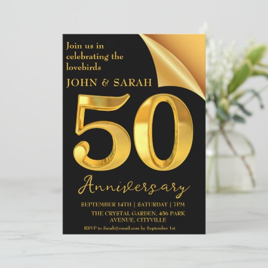 ブラックとゴールドの50周年パーティー招待状 招待状 (スタンド正面)