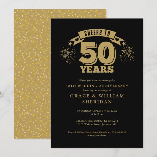 ブラックとゴールドの50周年結婚記念日おめでとう 招待状 (正面/裏面)