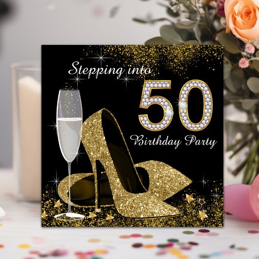 ブラックとゴールドの50歳の誕生日パーティーへの第一歩 招待状