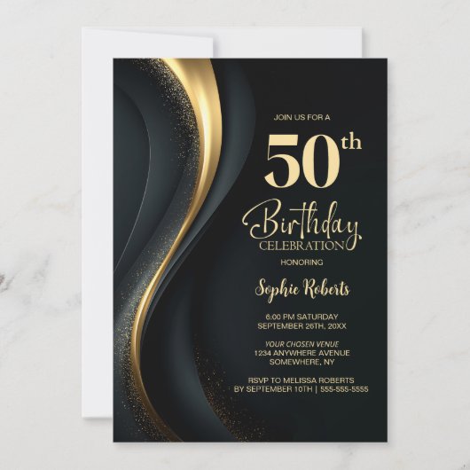 ブラックとゴールドの50歳の誕生日パーティー 招待状 (正面)