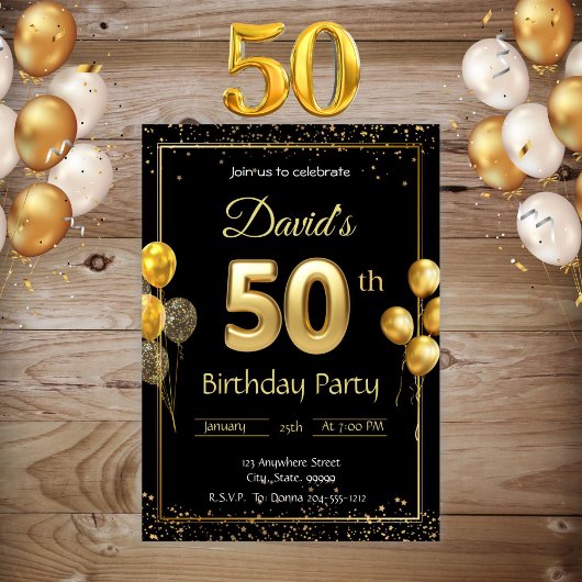 ブラックとゴールドの50歳誕生日招待状 招待状