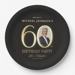 ブラックとゴールドの60歳の誕生日 カスタムフォト ペーパープレート