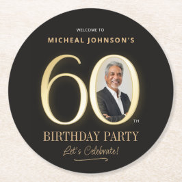 ブラックとゴールドの60歳の誕生日 カスタムフォト ラウンドペーパーコースター