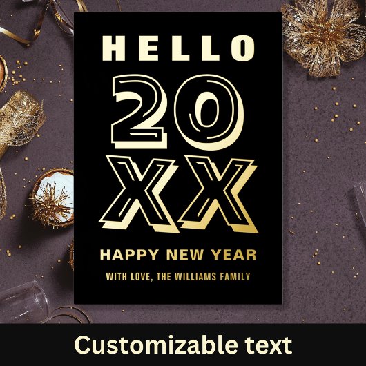 ブラックとゴールドのHelloハッピーニューイヤータイポグラフィ 箔シーズンカード