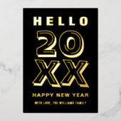 ブラックとゴールドのHelloハッピーニューイヤータイポグラフィ 箔シーズンカード (正面)