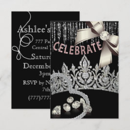 ブラックとシルバーにクラウンダイヤモンドのピンクパーティー 招待状