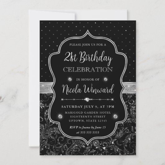 ブラックとシルバーのアートデコ グリッター 21歳の誕生日 招待状 (正面)
