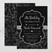 ブラックとシルバーのアートデコ グリッター 21歳の誕生日 招待状 (正面/裏面)