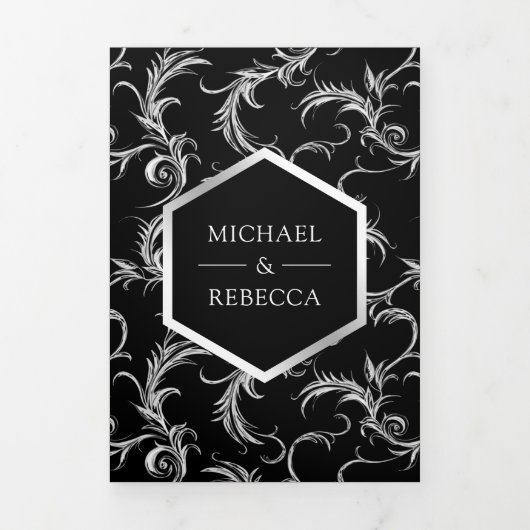ブラックとシルバーのエレガントな渦巻き ウェディングフォト 三つ折り招待状 (カバー)