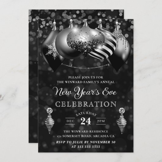 ブラックとシルバーのクリスマスボール 新年の夜 招待状 (正面/裏面)