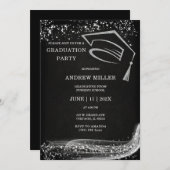 ブラックとシルバーのグリッター卒業式 招待状 (正面/裏面)