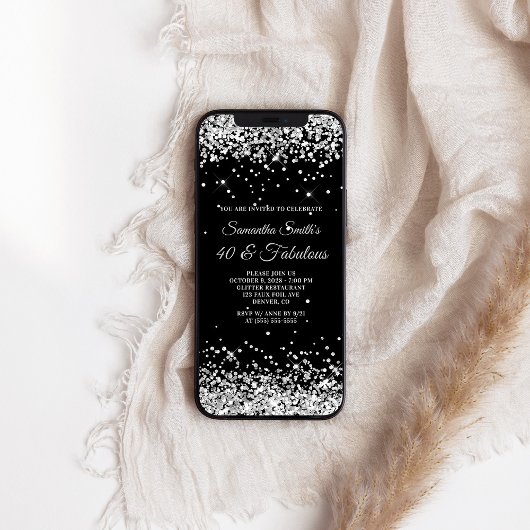 ブラックとシルバーのグリッター40 & ファビュラス 招待状