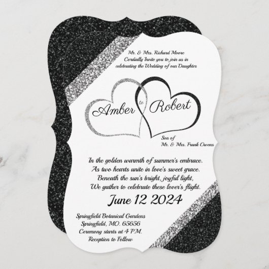 ブラックとシルバーのハートの詩の結婚式招待状 セーブザデート (正面/裏面)