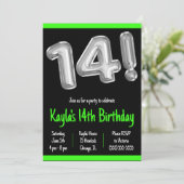 ブラックとシルバーのホイル風船 14歳の誕生日パーティー 招待状 (スタンド正面)