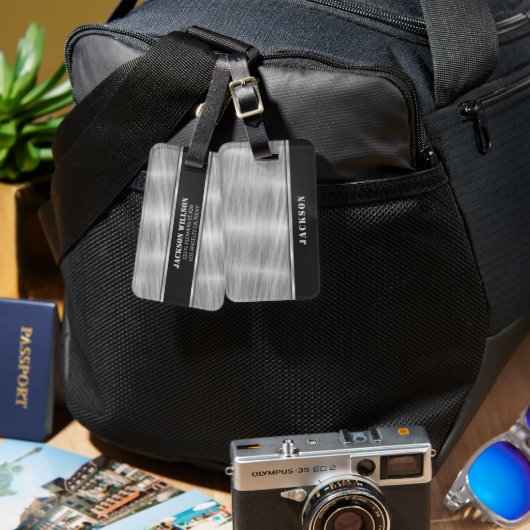 ブラックとシルバーのメタル ラゲッジタグ (正面&裏面)