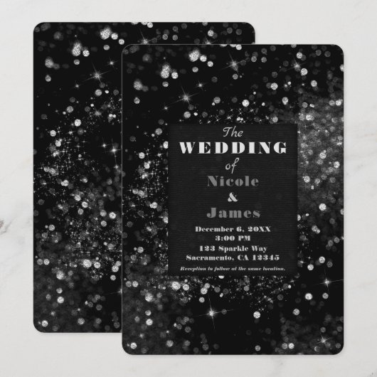 ブラックとシルバーの煌めくライトで華やかな結婚式 招待状 (正面/裏面)