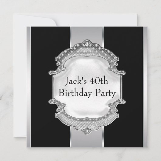 ブラックとシルバーの男性の誕生日パーティー 招待状 (正面)