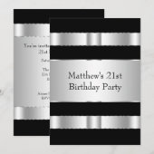 ブラックとシルバーの男性21歳の誕生日パーティー 招待状 (正面/裏面)