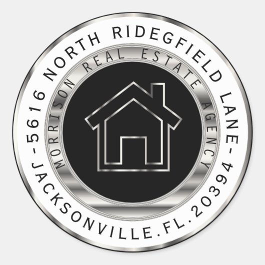 ブラックとシルバーの金属不動産仲介業者住所 シール (正面)