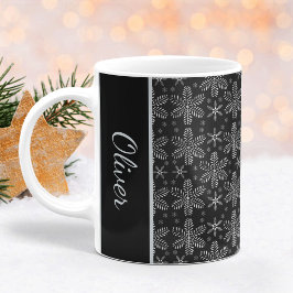ブラックとシルバーの雪の結晶 クリスマスマグ コーヒーマグカップ