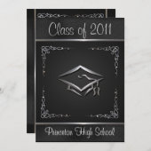 ブラックとシルバーの高級卒業案内 招待状 (正面/裏面)
