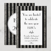 ブラックとシルバーの1920年代ギャツビー新年パーティー 招待状 (正面/裏面)
