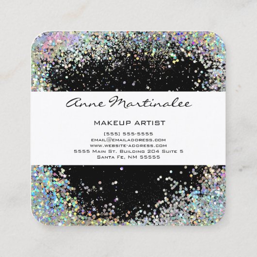 ブラックとシルバーホログラフィックルックフェイクグリッター スクエア名刺 (裏面)