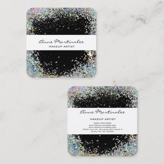 ブラックとシルバーホログラフィックルックフェイクグリッター スクエア名刺 (正面/裏面)