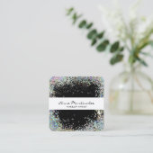 ブラックとシルバーホログラフィックルックフェイクグリッター スクエア名刺 (スタンド正面)