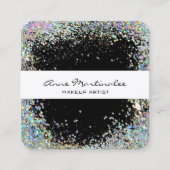 ブラックとシルバーホログラフィックルックフェイクグリッター スクエア名刺 (正面)