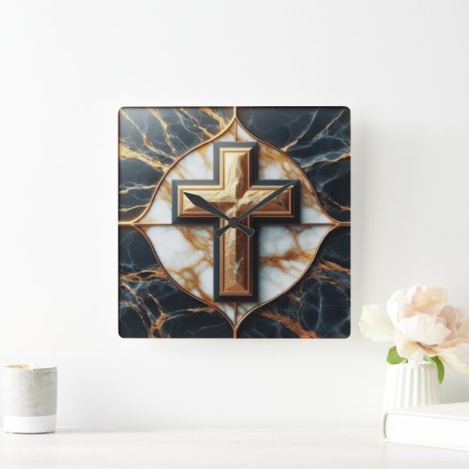 ブラックとスタイリッシュ金ゴールド大理石に十字架のエレガンス スクエア壁時計 (ホーム)