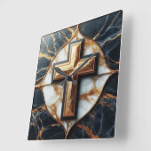 ブラックとスタイリッシュ金ゴールド大理石に十字架のエレガンス スクエア壁時計 (傾斜)