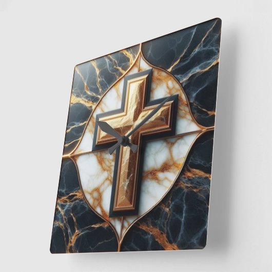ブラックとスタイリッシュ金ゴールド大理石に十字架のエレガンス スクエア壁時計 (傾斜)
