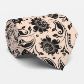ブラックとタンのフローラダマスクパターン ネクタイ (ロール)