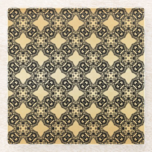 ブラックとタンダイヤモンドチェーンパターンガラスコースター ガラスコースター (正面)