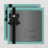 ブラックとターコイズブルーのスイート16誕生日パーティー 招待状 (正面/裏面)