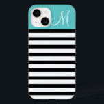 ブラックとターコイズ名門私立校風のストライプのカスタムモノグラム Case-Mate iPhone 14ケース<br><div class="desc">可愛いモダンガーリーイニシャルシックスタイリッシュデザイン横型名門私立校風のとストライプカラーのブロックは、モノグラム文字</div>