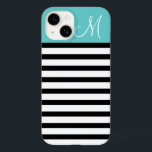 ブラックとターコイズ名門私立校風のストライプのカスタムモノグラム Case-Mate iPhone 14ケース<br><div class="desc">可愛いモダンガーリーイニシャルシックスタイリッシュデザイン横型名門私立校風のとストライプカラーのブロックは、モノグラム文字</div>