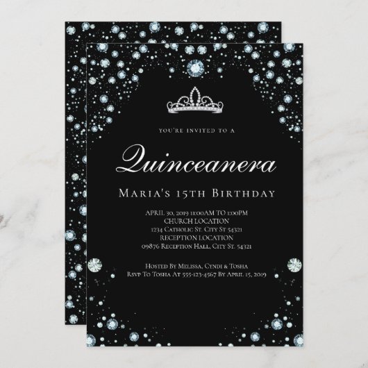 ブラックとダイヤモンドのキンセアニエラ招待状 招待状 (正面/裏面)