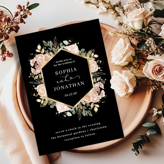 ブラックとニュートラルな水彩花イラスト | ウェディング 招待状