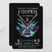 ブラックとネオンのグロウホッケー招待状 招待状 (正面/裏面)