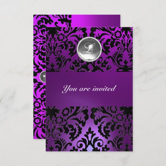 ブラックとパープルのダマスク模様の宝石モノグラムのアイス 招待状 (正面/裏面)