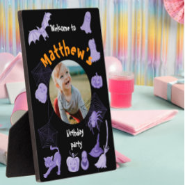 ブラックとパープルのハロウィン誕生日パーティーウェルカム フォトプラーク