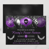 ブラックとパープルのハロウィン オーナメント スイート シックスティーン 招待状 (正面/裏面)