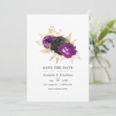ブラックとパープルのヴィンテージ フラワー ウェディング セーブザデート (スタンド正面)