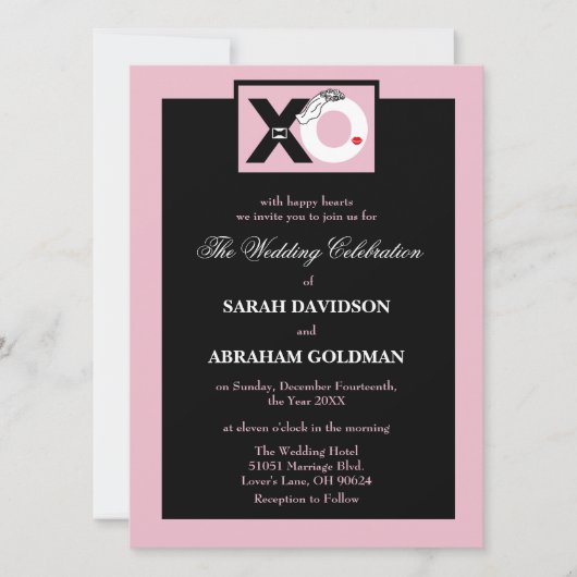 ブラックとピンクのキュートで面白い結婚式の招待状 招待状 (正面)