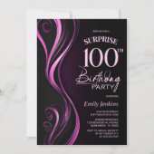 ブラックとピンクのサプライズ100歳の誕生日パーティー 招待状 (正面)