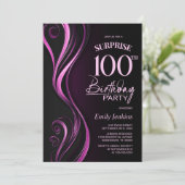 ブラックとピンクのサプライズ100歳の誕生日パーティー 招待状 (スタンド正面)