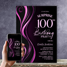ブラックとピンクのサプライズ100歳の誕生日パーティー 招待状